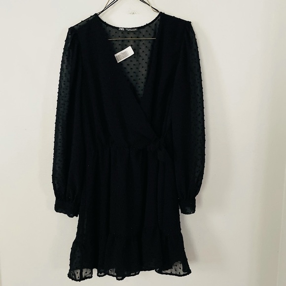 Zara Black Polka Dot Wrap Romper | Swiss Dot Long Sleeve | Size Small - Picture 1 of 4